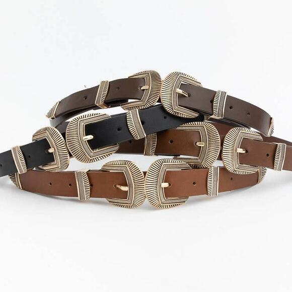 Double Buckle Vegan Leather Western Style Belt Black - Picture 2 of 2
